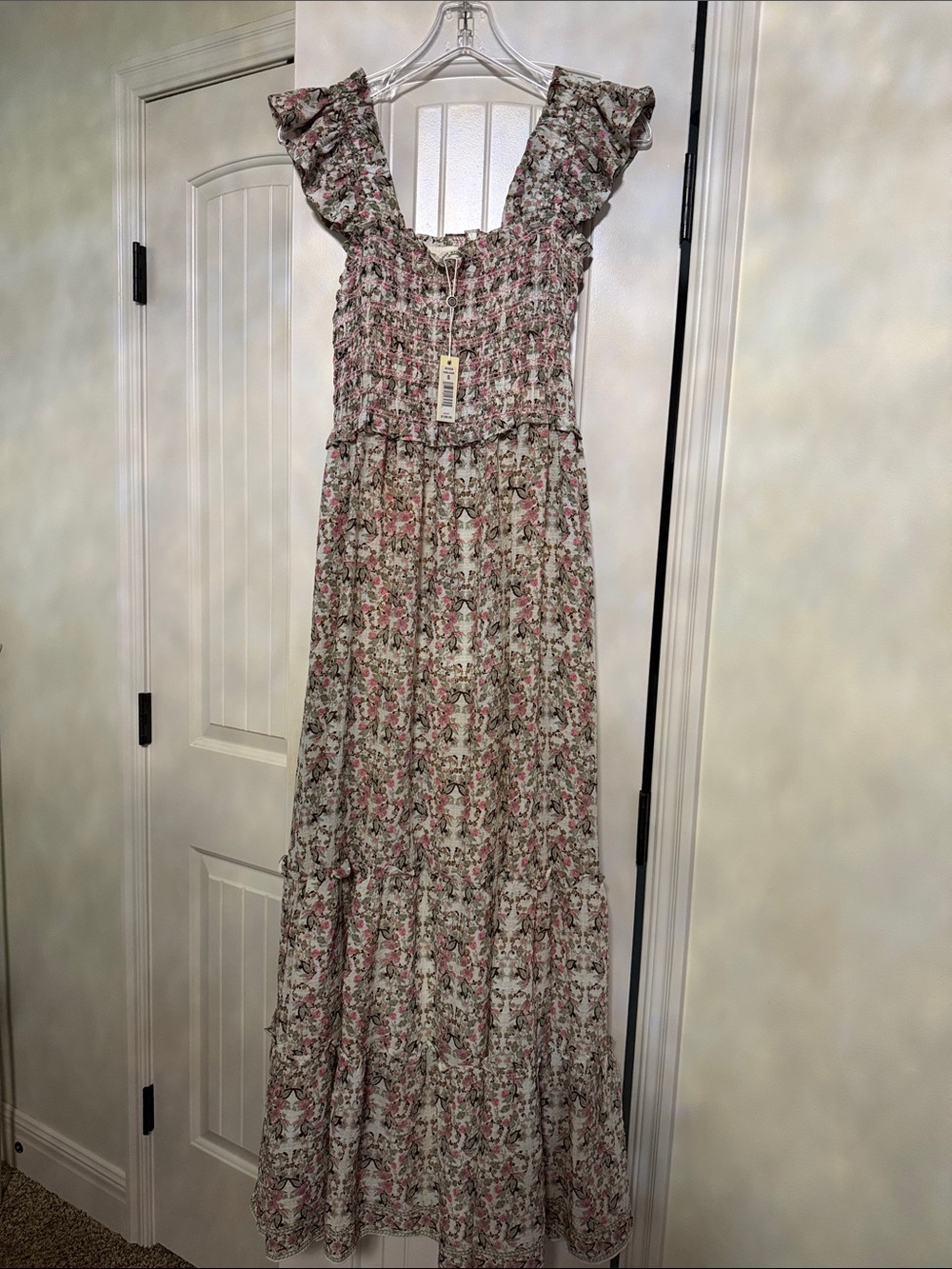 Max Studio Floral Ruffle Smocked Maxi Dress in Pink and Cream